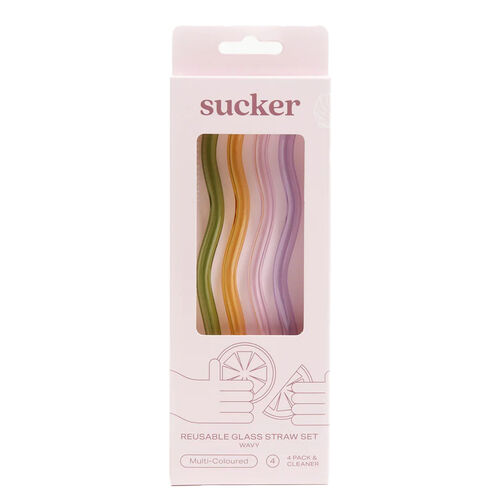 Sucker Wavy Reusable Glass Straws 4 Pack - Multi Colour