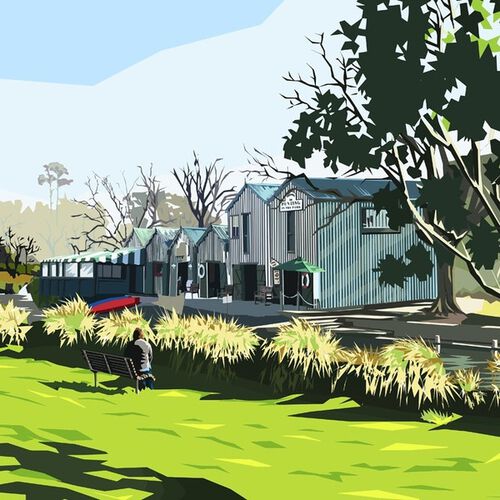 Ira Mitchell Antigua Boatsheds Matted Print 35 x 27.5cm