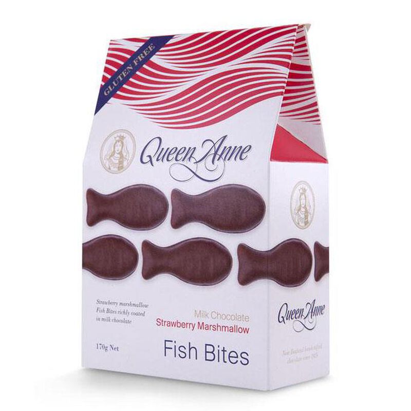 Queen Anne Fish Bites Milk Chocolate Strawberry Marshmallow 170g image number 0