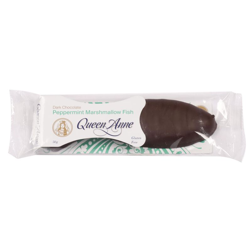 Queen Anne Marshmallow Fish Dark Chocolate Peppermint 50g image number 0