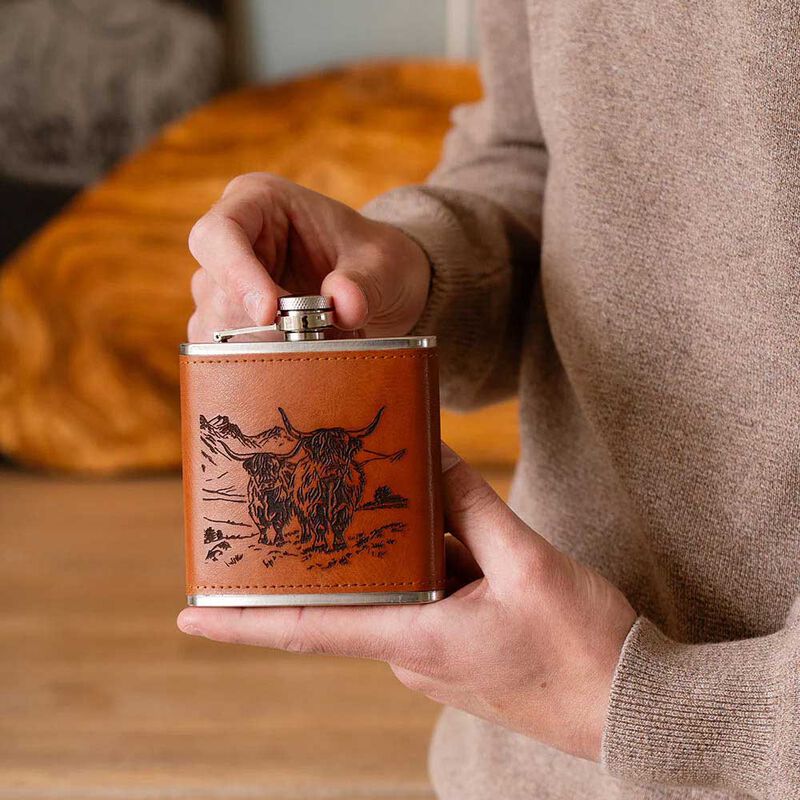 Selbrae House Leather Hip Flask - Scenic Highland Cow image number 1