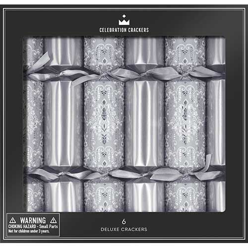 The Paperie Celebration Deluxe Crackers Silver Damask Set of 6