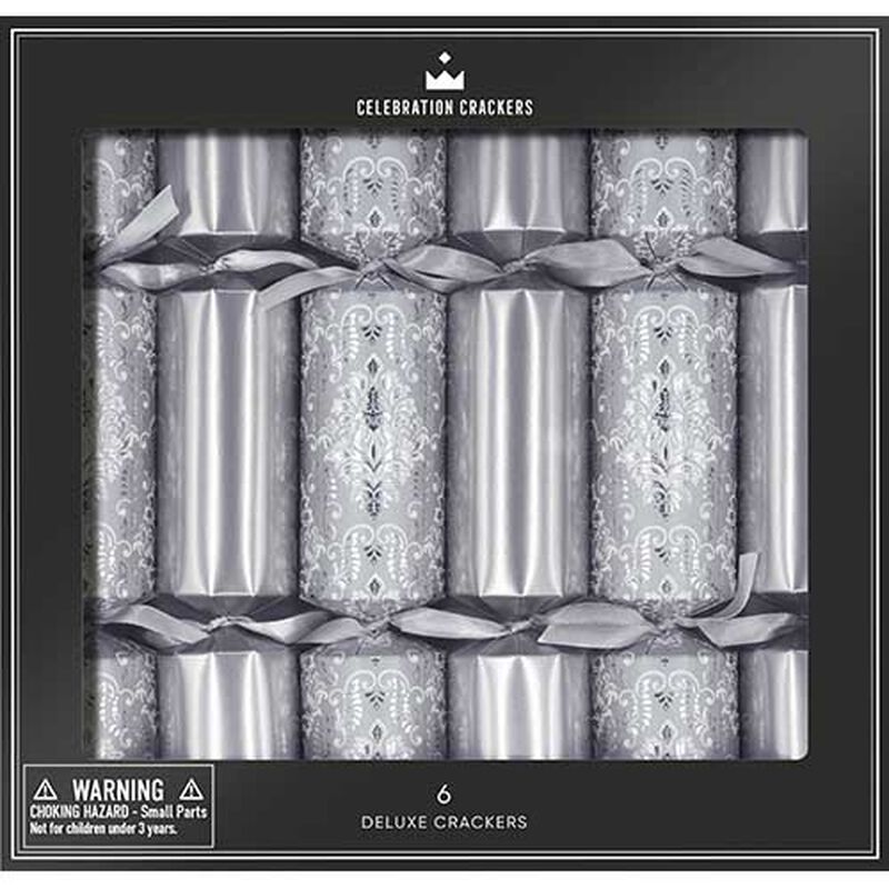 The Paperie Celebration Deluxe Crackers Silver Damask Set of 6 image number 0