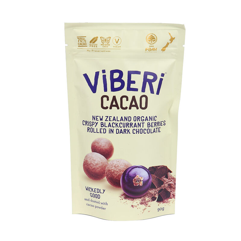 Viberi Cacao Organic Blackcurrants Rolled in Chocolate 90g image number 0