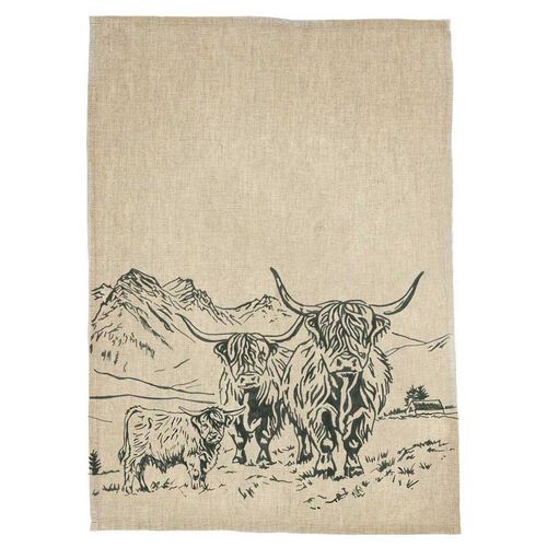 Selbrae House Linen Tea Towel - Scenic Highland Cow