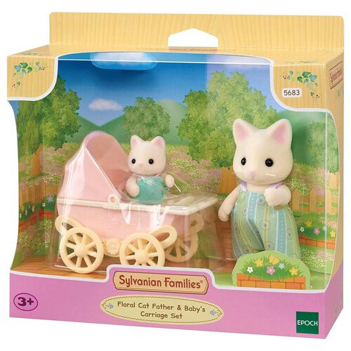 Sylvanian Families Floral Cat Father & Baby Carriage Set