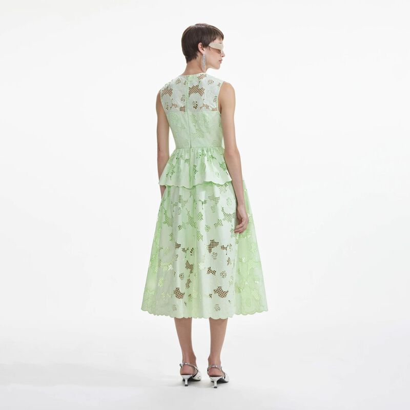 Self Portrait Mint Cotton Lace Peplum Midi Dress image number 1