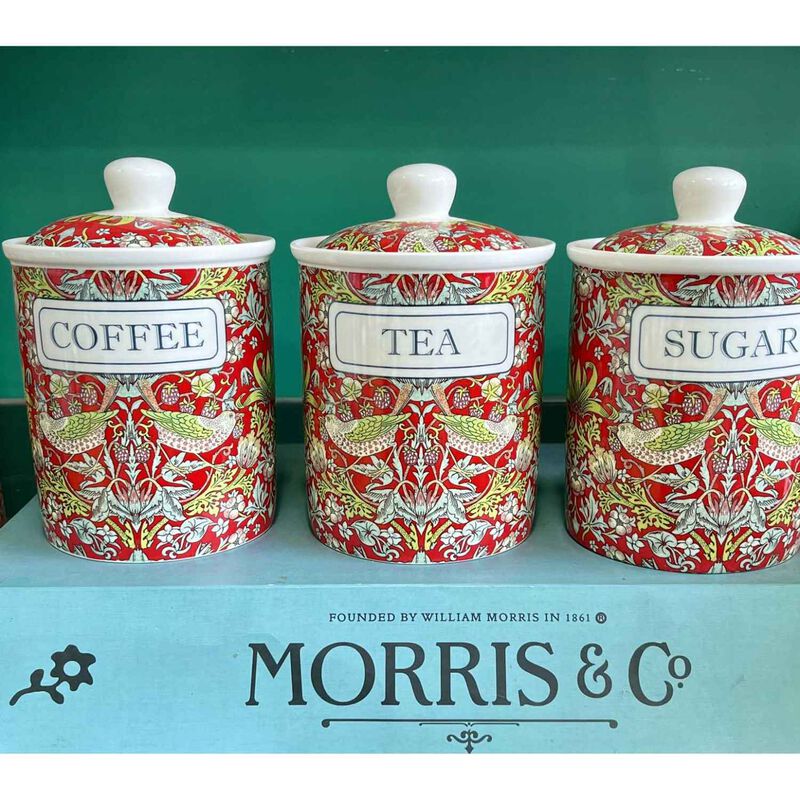 Dyme Strawberry Thief Red Canister Set Of 3 - Tea, Coffee, Sugar image number 0