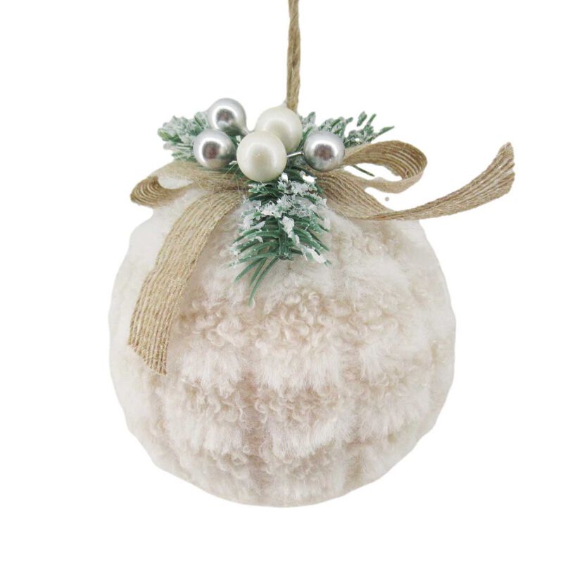 Faux Fur Ball With Jute Bow & Bead 4 Inch image number 0