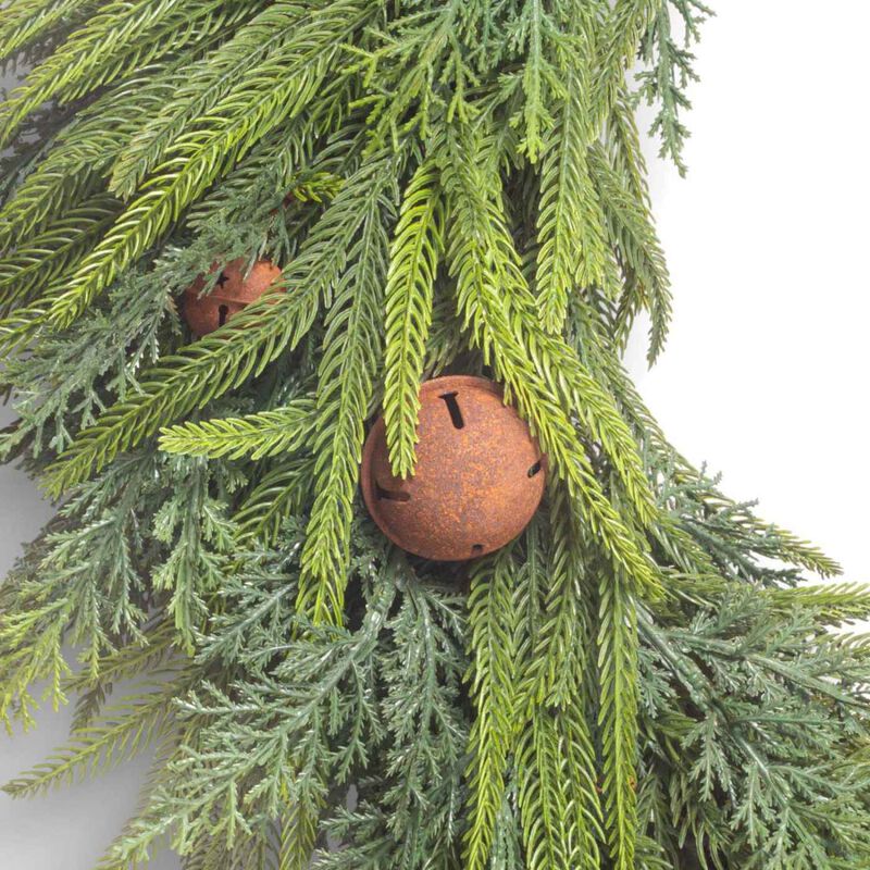 French Country Mixed Pine Wreath Brown Velvet Bows and Bells image number 1