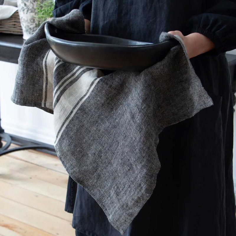French Country Twill Tea Towel Charcoal with Narrow Natural Stripes image number 1