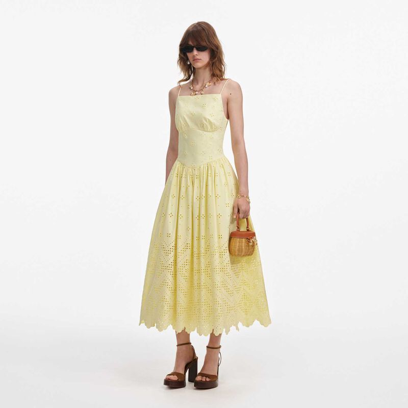 Self Portrait Yellow Cotton Broderie Midi Dress image number 3