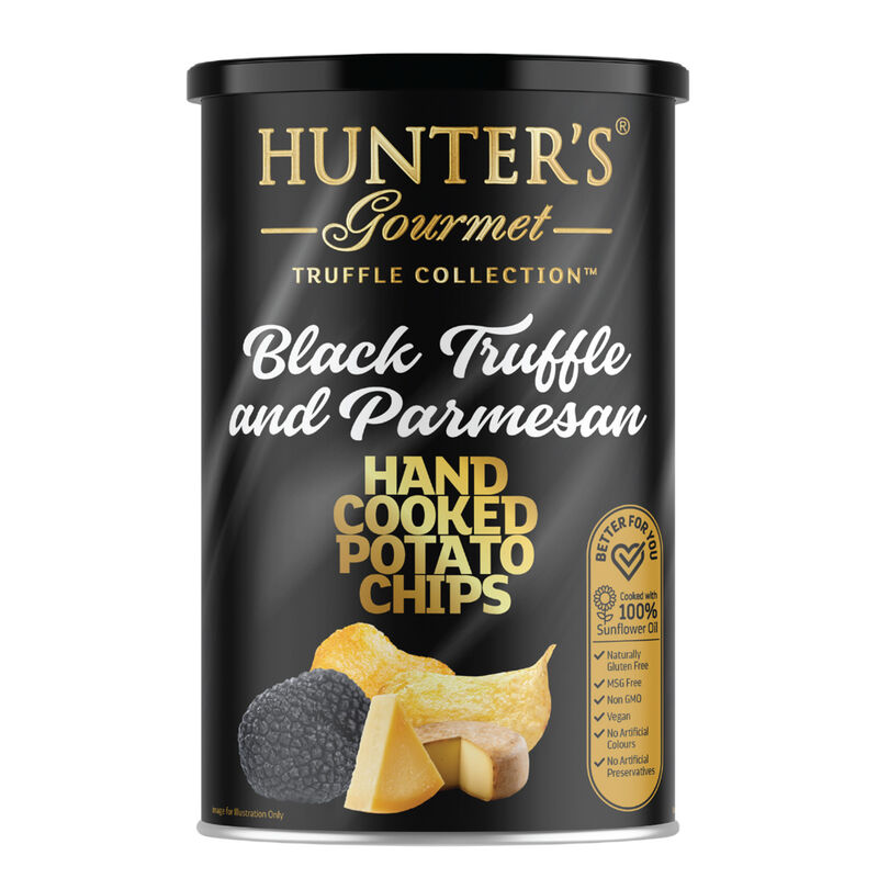 Hunter's Hand Cooked Potato Chips Black Truffle & Parmesan Canister 150g image number 0