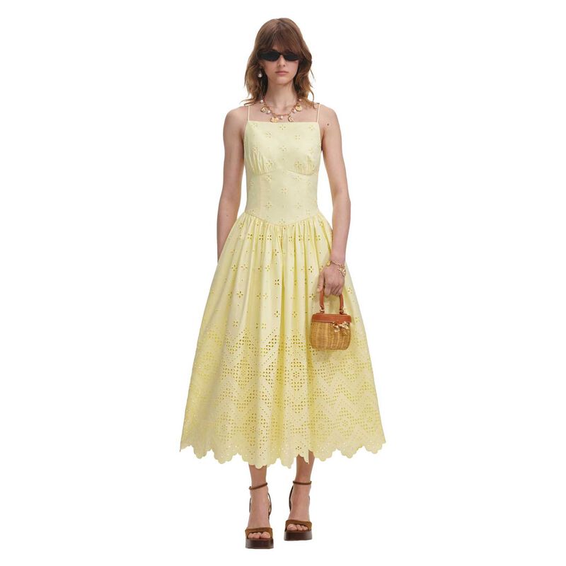 Self Portrait Yellow Cotton Broderie Midi Dress image number 0