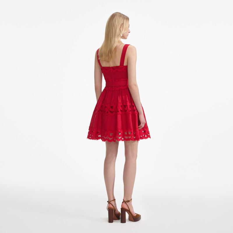 Self Portrait Red Linen Lace Insert Mini Dress image number 1