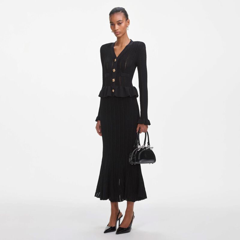 Self Portrait Black Knit Peplum Midi Dress image number 3