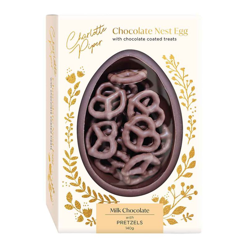 Charlotte Piper Milk Chocolate Nest Egg With Choc Coated Pretzels 140g image number 0