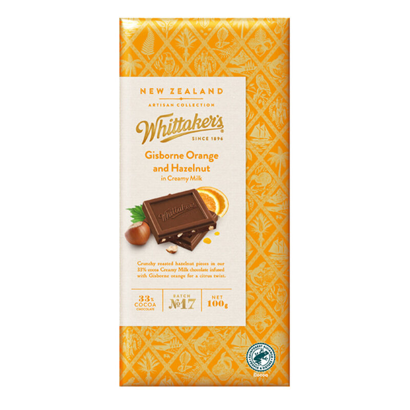 Whittaker's Gisborne Orange & Hazelnut in 33% Creamy Milk Chocolate 100g image number 0