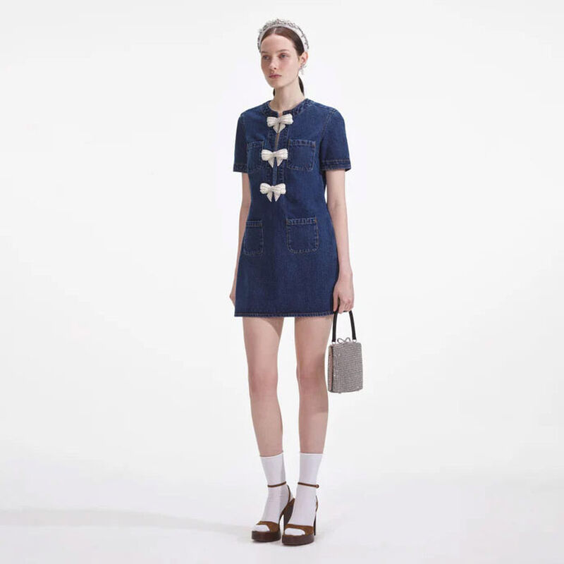 Self Portrait Denim Bow Mini Dress image number 2