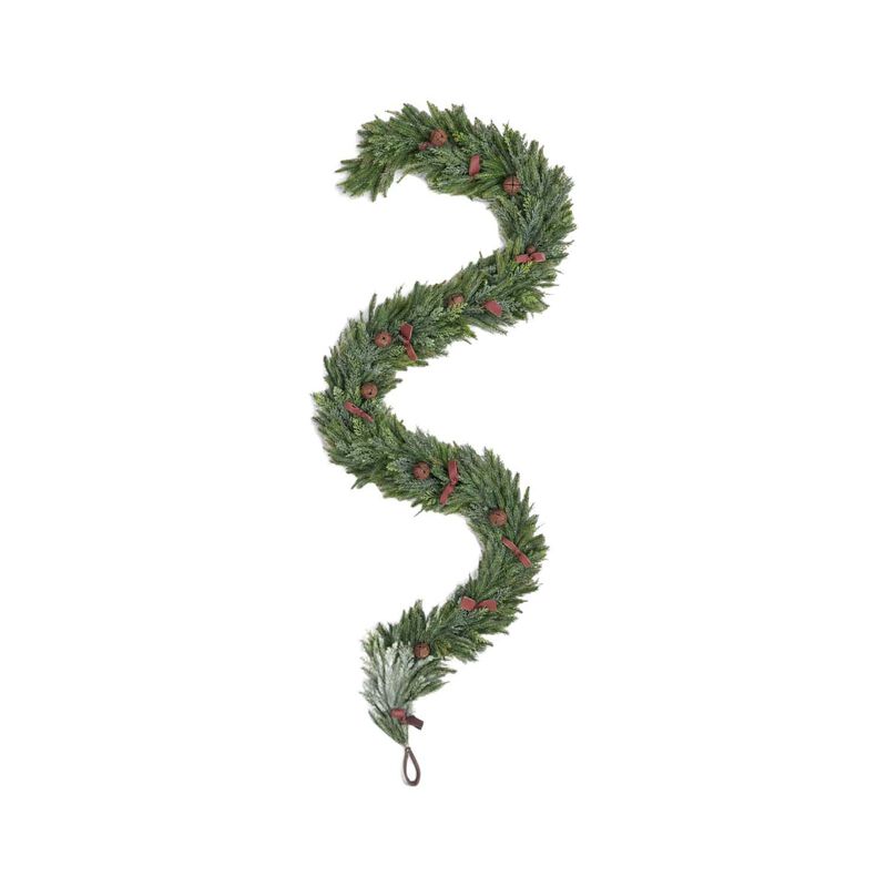 French Country Mixed Pine Garland Brown Velvet Bows and Bells image number 0