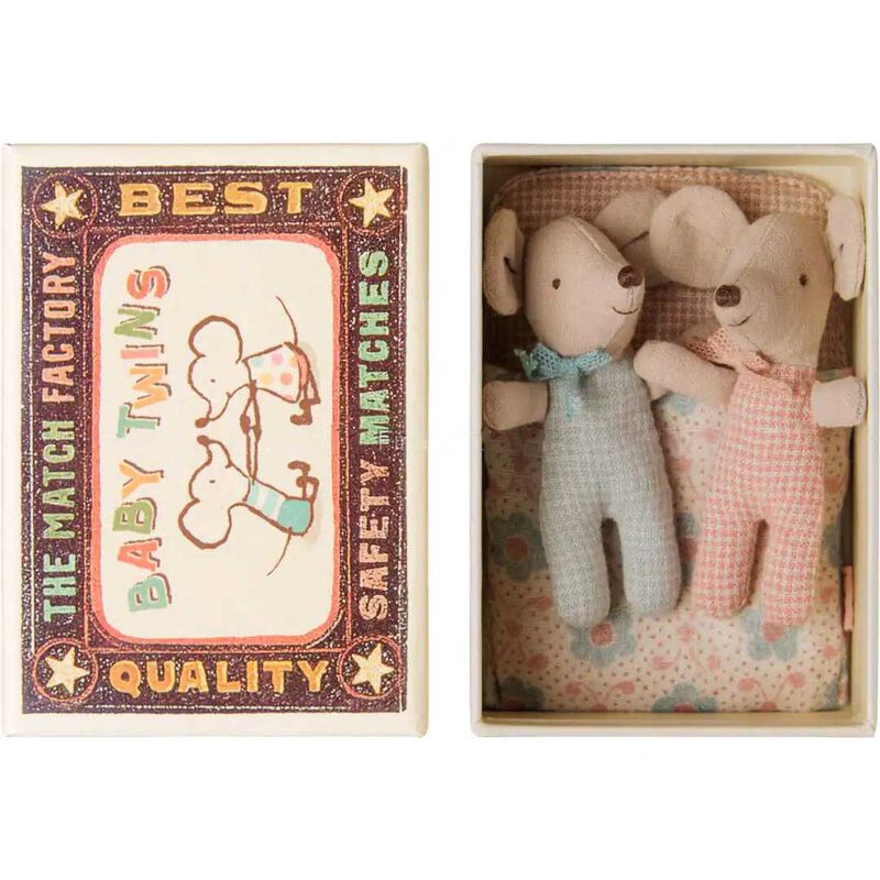 Maileg Twins Baby Mice in Matchbox Checker image number 1