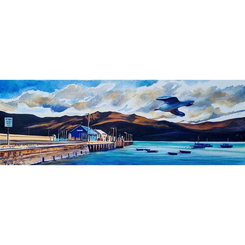 Kelvin McMillan Unframed Print Akaroa Wharf 400x135mm