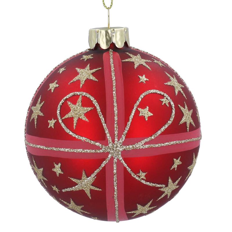Gisela Graham Matt Red w Gold Glitter Stars & Bow Glass Ball image number 0