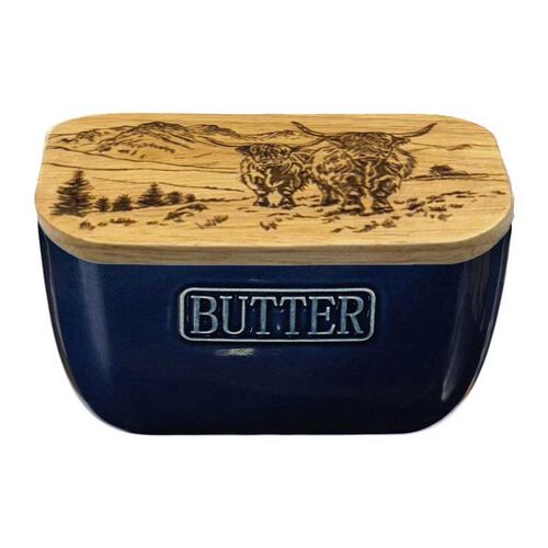 Selbrae House Blue Butter Dish Scenic Highland Cow