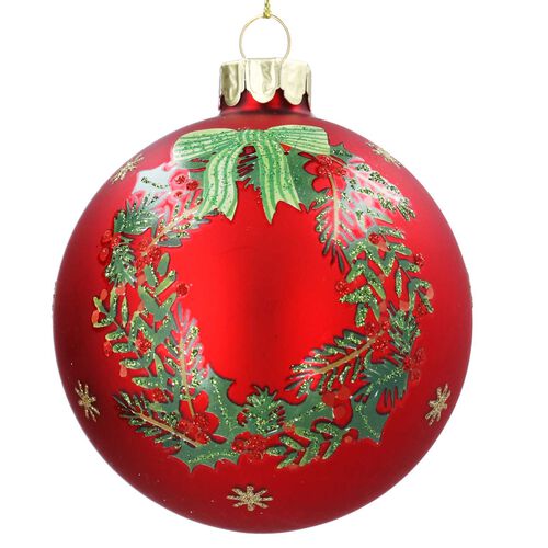 Gisela Graham Glass Ball 8cm Red NE Wreath