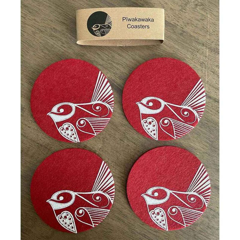Jo Luping Piwakawaka On Red Set Of 4 Ecofelt Coaster image number 1