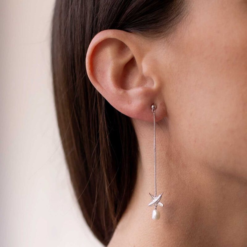 Boh Runga Feather Kiss Pearl Drop Earrings Silver 66mm image number 1