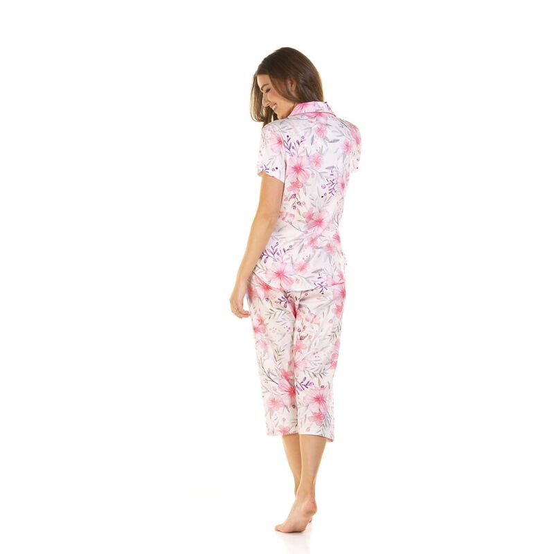 La Marquise Pure Cotton Button Through Crop Pyjamas With Contrast Piping image number 4