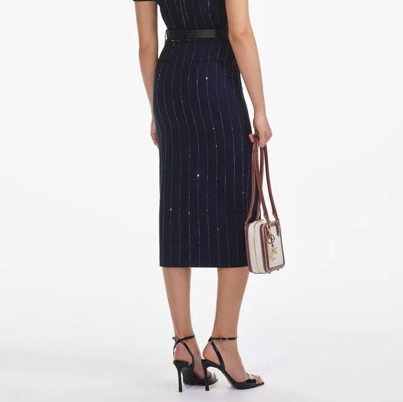 Self Portrait Navy Rhinestone Pinstripe Midi Skirt image number 1