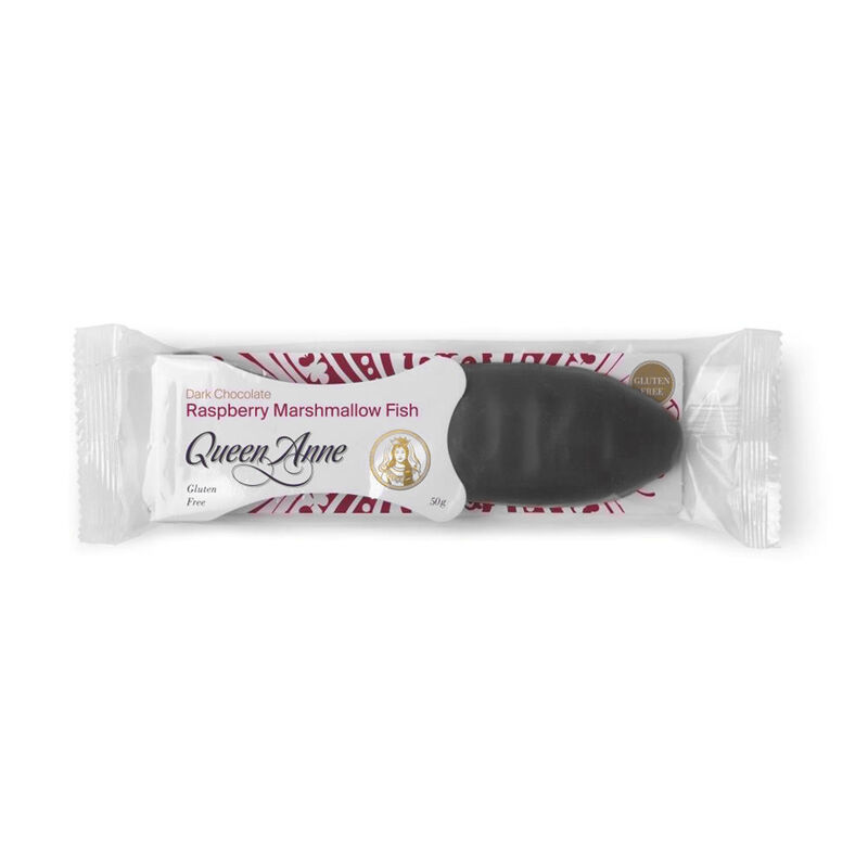 Queen Anne Marshmallow Fish Dark Chocolate Raspberry 50g image number 0