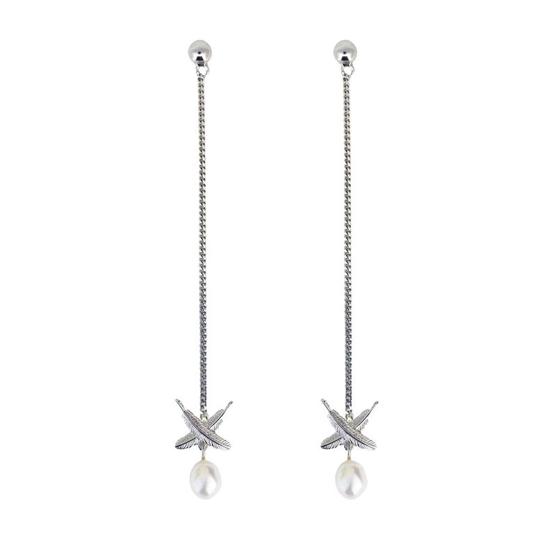 Boh Runga Feather Kiss Pearl Drop Earrings Silver 66mm image number 0