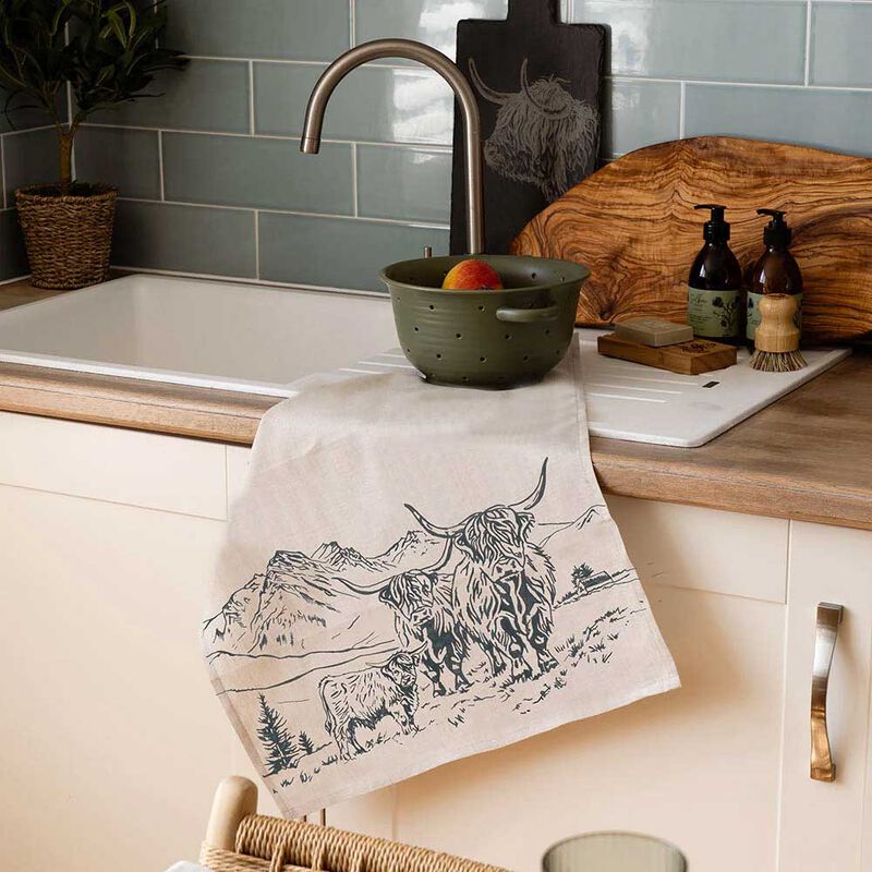 Selbrae House Linen Tea Towel - Scenic Highland Cow image number 1
