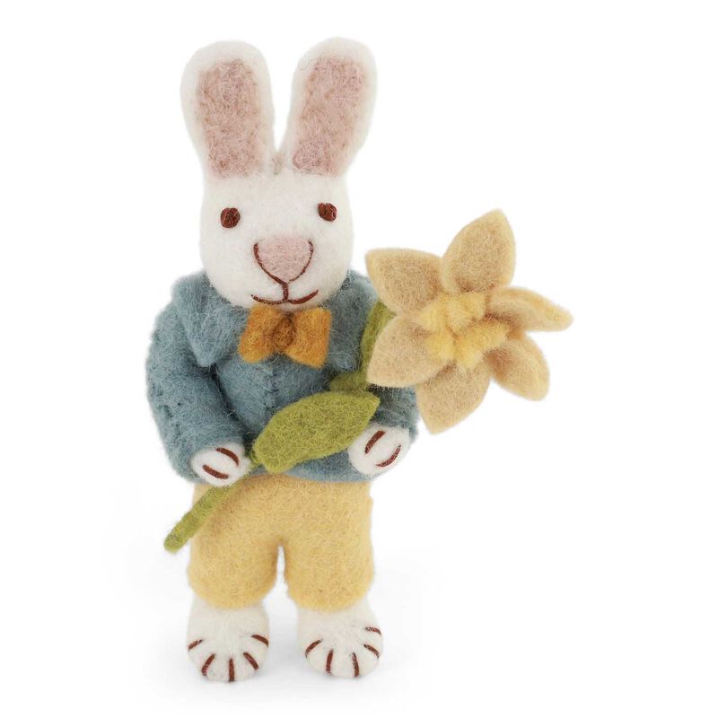 Gry & Sif Small White Boy Bunny With Blue Jacket & Daffodil image number 0