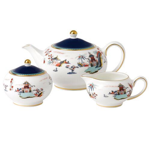 Wedgwood Wonderlust Blue Pagoda Teapot Sugar & Creamer Set of 3