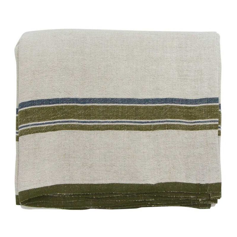 French Country Green Selvedge Stripe Linen Tablecloth image number 0