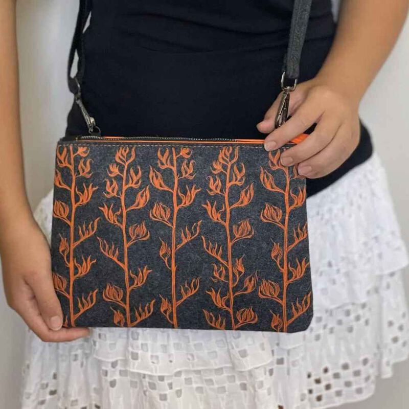 Jo Luping Orange Harakeke On Grey Ecofelt Cross Body Bag image number 1