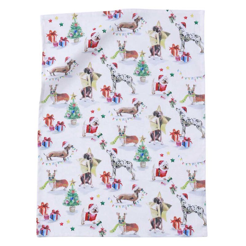 MM Linen Feliz Navidogs Tea Towel 50x70cm image number 0