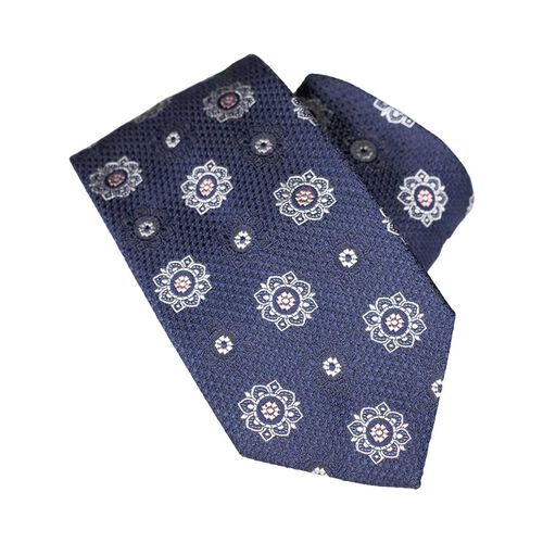 Monti Castello 100% Silk Tie - Ecru Rose Motif On Textured Navy