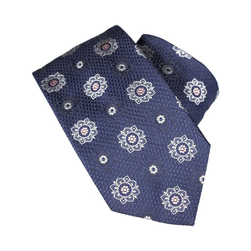Monti Castello 100% Silk Tie - Ecru Rose Motif On Textured Navy image number 0