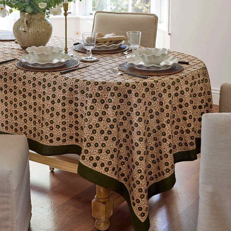 French Country Odette Handblock Cotton Tablecloth image number 1