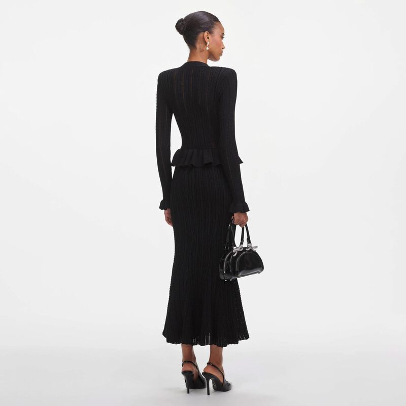 Self Portrait Black Knit Peplum Midi Dress image number 1