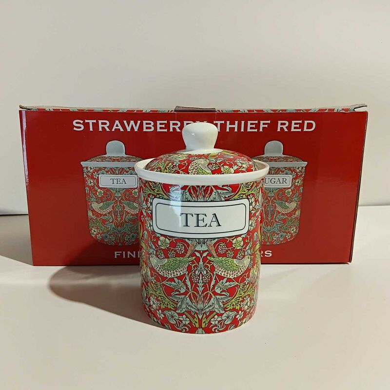 Dyme Strawberry Thief Red Canister Set Of 3 - Tea, Coffee, Sugar image number 1