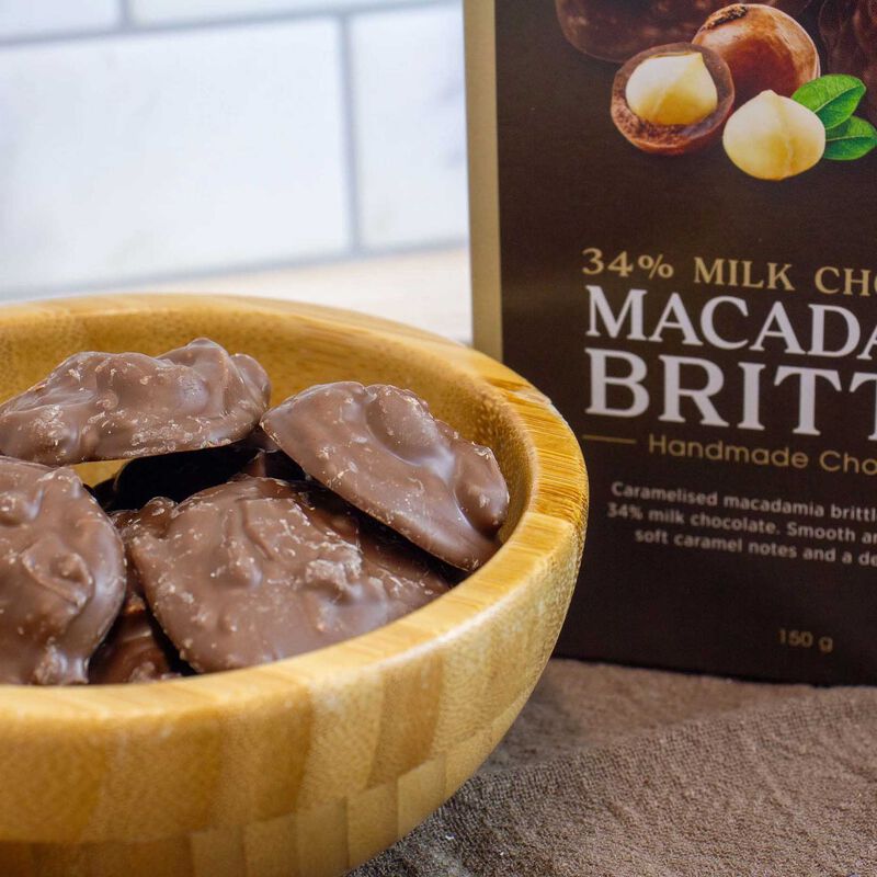 Chocolate Brown Artisan Chocolate Drops Macadamia Brittle 34% Milk 150g image number 1