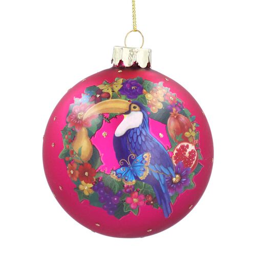 Gisela Graham Matt Fuchsia Toucan & Fruit Wreath Glass Ball