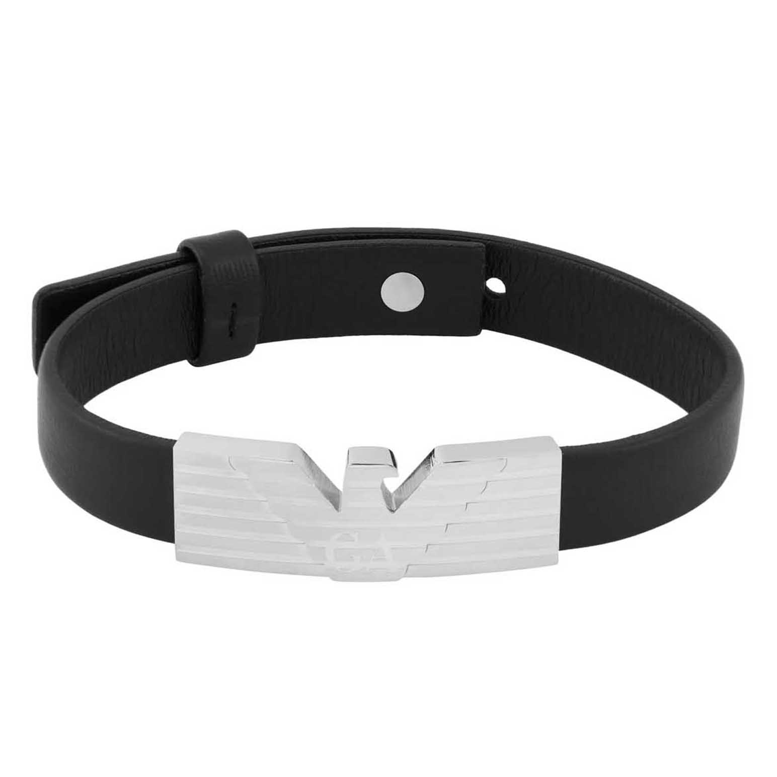 Emporio Armani Stainless Steel And Black Leather Strap Id Bracelet