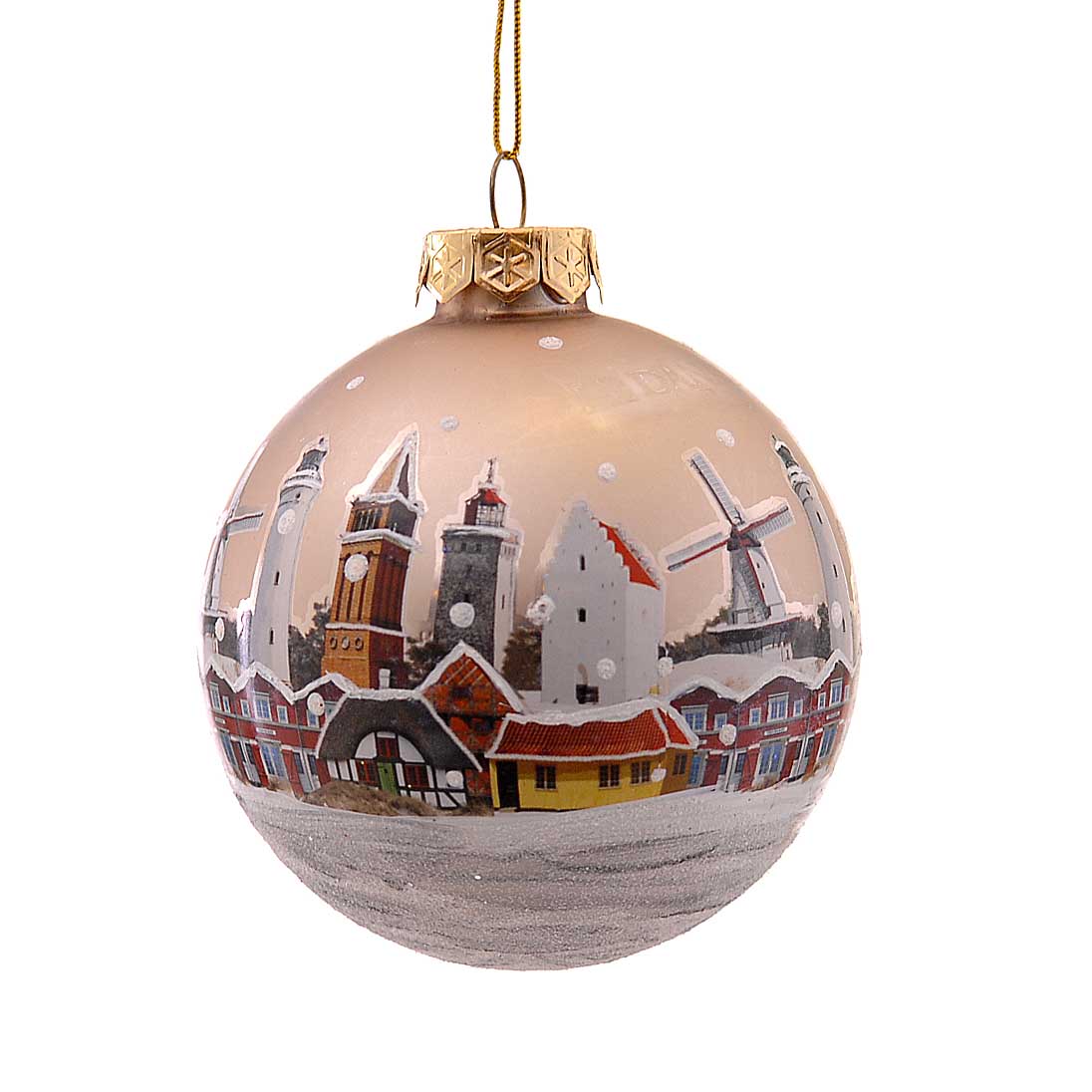 Vetur Glass Cream Ball with Houses 8cm